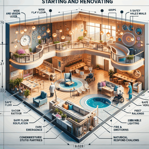 Visualize a guide for starting and renovating a care home, emphasizing both the functional and safety aspects of the interior decor. Portray wide and flat passages for wheelchair users, safety floor materials to prevent slipping, grips and safe railings for stability, abundant lighting for visibility, and fire and emergency response facilities. Also, show a clean and hygienic environment with a good ventilation system, natural light, and noise isolation. Decorate the spaces with durable and environmentally friendly materials, ensuring to separate the residents' living spaces from the staff working areas. Do not include any babies, children, or people. Avoid pixelation, distortion, low resolution, watermarks, or overexposure. Make sure to render it in 8K resolution, realism, professional studio quality, balanced composition, well-structured frames, cinematic depth, and natural lighting and placement.