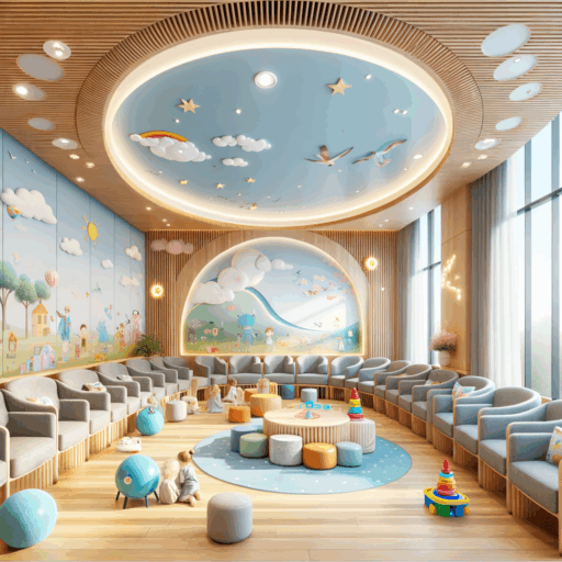Create a hyperrealistic 8k resolution image of a meticulously designed pediatric clinic's waiting area. Details include space and circulation planning with ample seats and an open space for children to freely move around, a clear separation between play and rest areas. The interior uses bright, warm, pastel colors and durable, easy to clean materials. Rounded furniture, anti-slip floors, appropriately sized tables and chairs are present, along with a play area equipped with various play facilities, books, and picture books. There's a considerable emphasis on lighting to maximize natural light, and a well-thought-out ventilation system for maintaining good air quality. murals or stickers of imaginary characters and natural landscapes are used on the walls to increase familiarity with children, soft background music in the waiting area is played. Electrical outlet covers, anti-slip mats are installed for safety, and there are comfortable seating, charging areas, and free WiFi for parents. The image should uphold professional studio quality, should have well-balanced composition, well-planned frames, filmic depth, and natural lighting and arrangement. Avoid pixellation, distortion, low-resolution, watermarks, and text overlays. Do not overexpose the image. Exclude the presence of babies, children, and any people. Ensure that there are no bizarre objects and backgrounds. Avoid the inclusion of text in any language other than English in the image.