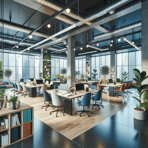 A visually detailed, 8K resolution, realistic, professionally designed office interior based on the mentioned concepts in the text. Show an efficiently utilized opened space designed for teamwork and communication, private spaces for focused individual work, and professional meeting rooms. Make use of ample natural light through large windows, supplemented by energy-efficient LED lights. Showcase a color scheme that includes shades of blue for trust and focus, green for stress relief and nature, and hints of orange for energy, all implemented through well thought-out use of materials. Arrange ergonomic furniture flexibly according to team needs. Add plants for a natural, pleasant atmosphere, and creative art pieces that stimulate creativity. Note the trends of flexible space for remote work and sustainability in interior design by using environmentally friendly materials and energy-saving considerations. Exclude depictions of babies, children, and people. Avoid odd objects and backgrounds, pixelation, distortion, low resolution, watermarks, text overlays, and overexposure. No text should be present in languages other than English.