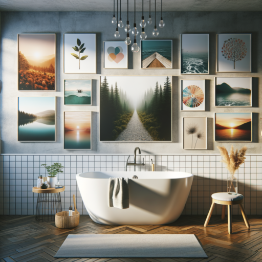 Imagine a bathroom interior that has been creatively decorated with waterproof pictures on the walls. The atmosphere is inviting and influences the overall home decor. Focuses on modern styles with minimalistic art and traditional styles with more classic pictures. Some of the pictures include serene nature scenes like forests, oceans, and mountains giving a tranquil feel to the bathroom. Also, abstract and minimalistic art prints that infuse a modern and chic atmosphere. Personal images like cherished family photos and travel memories add a touch of warmth. Always ensure all the pictures are placed at safe and accurate locations. Visualize everything in 8K resolution with a balanced composition, well-framed, and cinematic depth. Natural lighting and placements should enhance the reality with professional studio quality. No babies, children, people, or weird objects in the background. No pixelation, distortion, low resolution, watermarks, text overlay, or overexposure. All texts other than English are strictly not allowed.