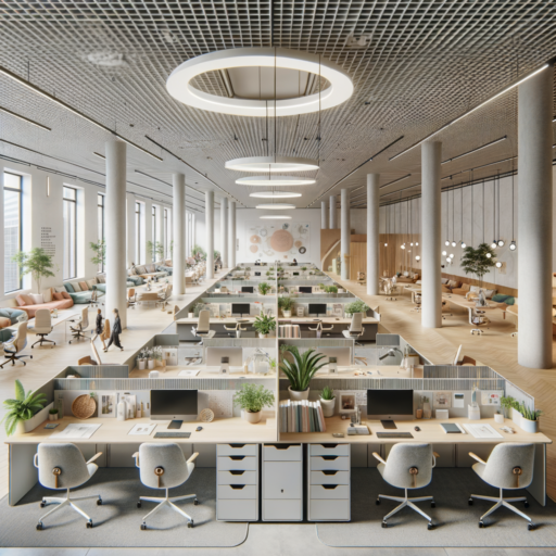 Imagine a meticulously detailed image that portrays the following components in ultra high-definition 8K resolution: An open plan office showing areas sectioned off by furniture to foster natural communication amongst employees. Use colors that are bright and lively like white, light grey, and pastel hues. There should be ample natural and artificial light for a pleasant work atmosphere. Personal workspaces equipped with ergonomic furniture, noise-canceling panels, and personalized ornaments can also be featured. Collaboration areas consist of modular furniture, whiteboards and flipcharts, and comfortable seating for informal discussions. Show elements of sustainable design like furniture made from recyclable materials and eco-friendly interior elements. Incorporate biophilic design by bringing in plants and natural material furniture creates a soothing atmosphere. Ensure the image is balanced, professionally done with movie-like depth, natural lighting, and precise positioning. No pixelation, distortion, watermarks, text overlays or overexposure. No babies, children, humans, bizarre objects, and backgrounds. Exclude any non-English or Korean text.