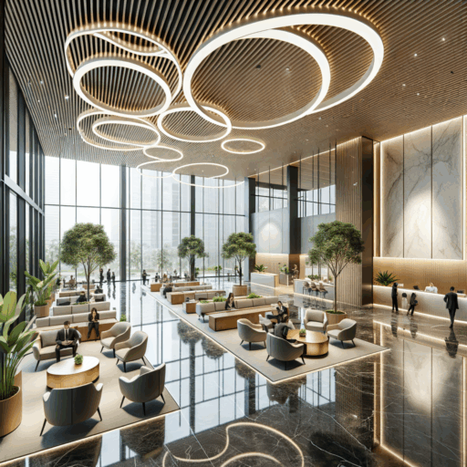 Analyze and depict in a highly detailed 8K resolution, a modern office building lobby lounge interior, observing the latest design trends and cost-effectiveness. The space should be welcoming for both visitors and employees, combining a sense of aesthetics and functionality. The lobby lounge cost will depend on area size, chosen materials, design concept, and varying elements like furniture and lighting. Consider including some nature-friendly elements, like a green wall with plants, maximized natural lighting through window design, and the use of eco-friendly materials. Incorporate cutting-edge smart technologies like automatic lighting control, touchscreen information boards, wireless charging stations, and environmental sensors for user convenience. Make the lounge a multi-purpose space that can transform into a small meeting area, a resting spot, or an exhibit space. The design should be minimalist but sophisticated, using high-end materials like marble, metallic finishes, and wood texture. No babies, children, or people should be in the image, and no peculiar objects or backgrounds. Avoid pixelation, distortion, low resolution, watermarks, and text overlays. No Korean or any non-English text should be in the image.