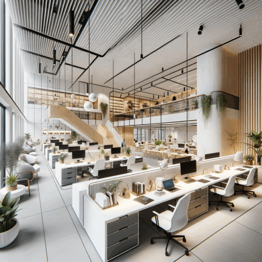 Visualize a modern designed office of 50 pyeong (approximately 165 square meters). The office space should evolve from a simple workspace to an environment that enhances employee creativity and efficiency. Focus on details like clean, straight lines, a neutral color palette, and design elements that prioritize functionality. The interior includes white, gray, and black color schemes with an elegant mix of wood tones. The building materials should emphasize durability and a modern sense, possibly utilizing glass, metal, and high-density wood. The office layout should consider work efficiency and collaboration, with clear distinction between individual workspaces and collaborative spaces. There should be a small meeting room and a relaxation space inside the office, encouraging employees to converse and rest comfortably. The furniture should match the modern style - simple yet functional. Additionally, include plants inside the office to add a nature-friendly element, which would help to reduce employee stress and enhance concentration. Please avoid pixelation, distortion, low resolution, watermarks, text overlays, overexposure. Please do not include babies, children, people, peculiar objects, and backgrounds. Do not include any text in languages other than English.