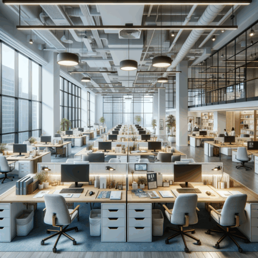 Create a professional, studio-quality, and highly detailed 8K resolution image that represents a 99 square meter office interior design. The office layout should maximize space utilization and work efficiency amongst the employees. A well-structured design incorporating a clear arrangement of space, lighting plan, furniture selection, and color scheme is desired. The artwork should instill a sense of realism and accuracy, with a balanced composition, well-crafted framing, cinematic depth, and natural lighting. The office should be divided into clear work zones, break areas, and meeting spaces. Furniture like desks and chairs should be ergonomically designed for comfort. The lighting should cater to both task and ambient needs, and the color scheme should be lively yet professional, incorporating tones of white, light grey, with points of color like blue and green. Please avoid the use of pixelization, distortion, low-resolution, watermarks, text overlays, and overexposure. Please do not include any persons, children, or any peculiar objects or scenery. Text in any language other than English should be avoided.