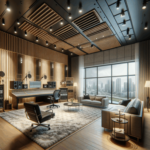 Capture a highly detailed, 8K resolution image of a professional recording studio and photography space following a meticulous office interior guide. The recording studio should be designed with prime considerations of acoustic properties and visual aesthetics. Show acoustic insulating materials applied to the walls, ceiling, and floors, diffusing panels for even sound distribution, and a double wall structure for soundproofing. The photography area should demonstrate careful light placement, neutral hued walls and floors, and a spacious layout considering equipment and movement. The space should be ultra-realistic, with a balanced composition, a cinematic depth and a natural arrangement of lighting. Keep it free of pixelation, distortion, low resolution, watermarks, and text overlay. Make sure not include babies, children, and people at all in the scene. It should not contain unusual objects or backgrounds. Avoid including foreign language texts, particularly Korean or any other non-English texts.