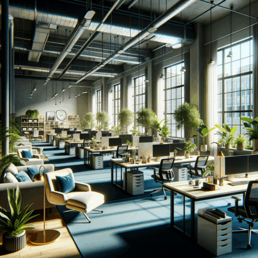 Generate a highly detailed 8K resolution image, achieving realism, professional studio quality, balanced composition, well-framed, and cinematic depth. The image should portray an office space of around 3229 square feet (30 square meters). The visual style should oscillate between multiple concepts - modern minimalism, nature-friendly green spaces, and creative office spaces. Significant features should be efficient usage of space, use of neutral colors with deep blue or green accents for the modern minimalist concept, an ample amount of office plants for the green office concept, and movable furniture, vibrant color points, and creativity-stimulating artwork for creative office concept. Try to illustrate a work-station with ample separation between desks, meeting areas with 6 to 8 seat tables, a recreational area with comfortable sofas and plant decor, and storage space with wall shelves. Note that humans or children should not be included in the scene, and the image must be void of any peculiar objects or backgrounds. Ensure no textual overlays are in languages other than English. Avoid pixelation, distortion, low resolution, watermarks, and overexposure.