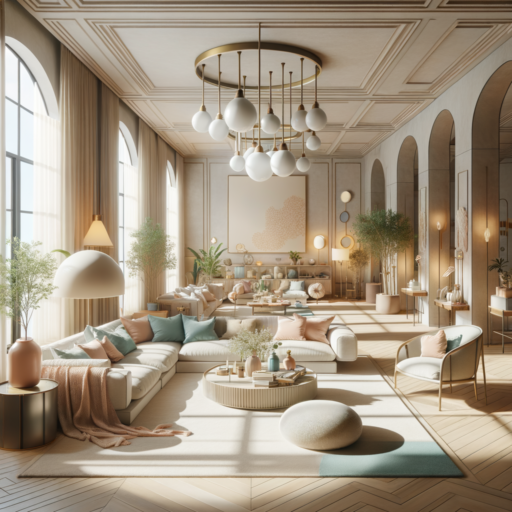 Create a visually appealing image that incorporates the principles of balanced, harmonious interior design. The scene should include elements such as carefully selected pastel tones for a calm and soft atmosphere and a combination of beige and turquoise for a pleasing color balance. The space should be organized with thoughtfully arranged lightweight furniture that doesn't obstruct the flow and gives the impression of more room. Use multiple sources of illumination, including natural light and a combination of ceiling lights and table lamps, to create a layered lighting effect. Materials should be warm and comfortable, using natural substances such as wood, cloth, and stone. Representation should be detailed, in a 4k-resolution, and devoid of people and odd objects in the background. Ensure the image is meticulously crafted to reflect a professional studio quality, a balanced composition, a well-structured frame, cinematic depth, and natural light and arrangement. Ensure no pixelation, distortion, low-resolution, watermarks, text overlays, over-exposure, and no text in languages other than English.