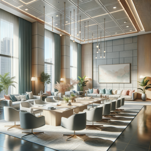 Generate a detailed, 4K resolution, hyperrealistic image showcasing professional studio quality, balanced composition, well-arranged frames, cinematic depth, and natural lighting with furniture arrangement. The image should interpret the improvement ideas for office meeting rooms and living spaces. The atmosphere should be conveyed through the choice of soft colors, comfortable furniture layout, and lighting. For the meeting room, the colors of pastel blue, soft green, and beige or cream should be present. Lighting should be subtle yet sufficient to focus, and noise reduction should be demonstrated. For the living room, pale pink, light grey, and white tones alongside harmonious furniture and accessory color coordination, varying textures and patterns, and exploration of lighting-color interactions should be exhibited. The image must be free from any pixelation, distortion, watermarks, text overlays, overexposure, people, bizarre objects or backgrounds. Text in languages other than English, including Korean, should not be included in the image.