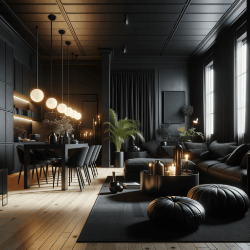 Render an image that accurately encapsulates the sophistication and depth of a black-toned interior. This high-quality, 8K resolution image should exhibit realism and professionalism akin to that of a design studio, with a balanced composition and well-constructed frame. The lighting and placement of objects in the space should appear natural. This space, while a celebration of black tones, should also incorporate bright, stylish color combinations and well-chosen lighting. No children, babies, or people should be included, and there should be no odd objects or backgrounds. No pixelation, distortion, watermarks, or text overlays should be present, and ensure the image is not overexposed. Please exclude any text in languages other than English.