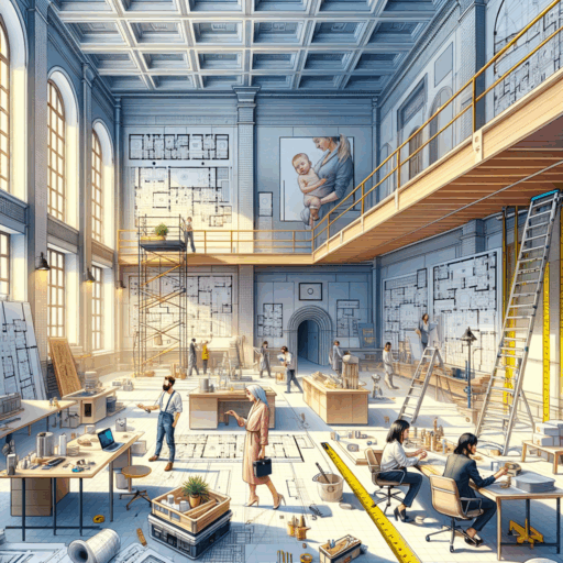 Illustrate the concept of interior design contracts in public institutions, with a particular focus on female-led companies using interior architecture licenses. The image should depict scenes of measuring walls (30㎡ or more), discussions about renewal or major repair standards, and the process of preparing for such works. Remember to capture the formal, informative tone of the original text through the visual representation of a work in progress. The illustrations should have a balanced composition and be well-framed, exhibiting an 8K resolution, realism, professional studio quality, movie-like depth, and a natural lighting arrangement. Avoid pixelation, distortion, low resolution, watermarks, text overlays, and excessive exposure. Exclude babies, children, and people, as well as bizarre objects and background. Do not incorporate any text in languages other than English.