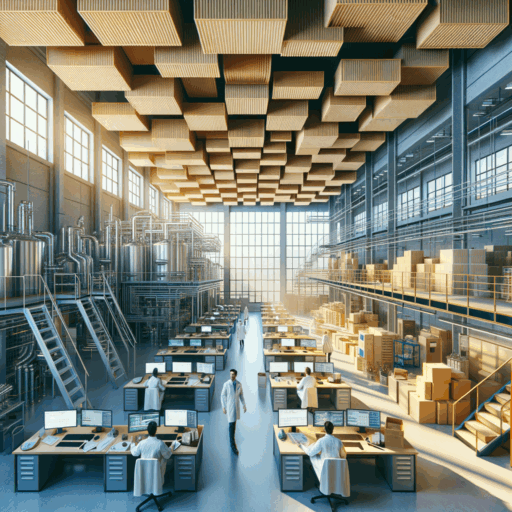 Generate an image showcasing the interior of a high-quality panel factory. Include specific details such as sandwich panel construction, waterproofing measures in areas prone to water infiltration like joining areas, roofs, and flooring. A separate administrative area within the factory should also feature a professional and comfortable working environment. Additionally, depict a traditional medicinal hospital interior focusing on cleanliness, safety, and convenience. No individuals should be present. The image should reflect reality, with a balanced composition, well-drawn frames, and natural lighting. The image should be of exceptional detail, comparable to an 8K resolution, highly realistic, professional studio-quality. Avoid pixelation, distortion, low resolution, watermarks, text overlays, and overexposure. The image should also avoid inclusion of any unusual objects or backgrounds.