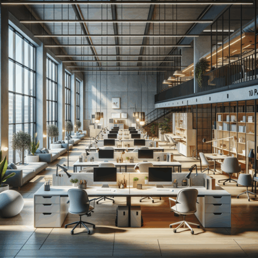 Create an image of an efficient and compact office of 10-pyeong capacity. Consider the positioning and selection of multi-functional, space-efficient furniture, like a modular desk, folding meeting table, storage chairs and cabinets. Position the desks along the walls to maximize central space, divide spaces so the employees' paths don't intersect, and place the workspaces near windows for natural light. Illuminate the space with different types of lighting: natural light as primary, LED for task lighting, and indirect lighting for creating a cozy atmosphere. Use mid-tone colors for walls and furniture to make the space seem larger, pop colors for accessories, and natural hues for elements like plants and wood. The interior style combines elements of modern minimalism, Scandinavian style, and industrial style with exposed pipes and metallic accents. Remember to exclude any persons, babies, or children, strange objects, non-English text, and avoid pixelation, distortion, low resolution, watermarks, and excessive exposure.