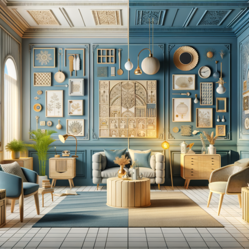 Imagine an interior setting with a cool, refreshing blue wallpaper. The room should illustrate various styles and ideas that complement the blue wallpaper. First, picture a modern style room, with minimalist furniture made of natural materials and bright-toned accessories. Then, envision a Scandinavian style room with light wooden furniture, quaint accessories, and patterns from nature. Finally, portray a vintage style room in harmony with classical patterned furniture and retro accessories, all accentuating the vintage vibe against the blue wallpaper. Also, illustrate the interesting color match-ups, blue with white for a fresh, clean ambience, blue with gray for a tranquil and classy feel, blue with gold for a luxurious impression, and blue with orange for a vibrant atmosphere. The room also features artwork of contrasting colors, green plants, and warm lighting against the blue wallpaper, adding unique and special points to the interior.