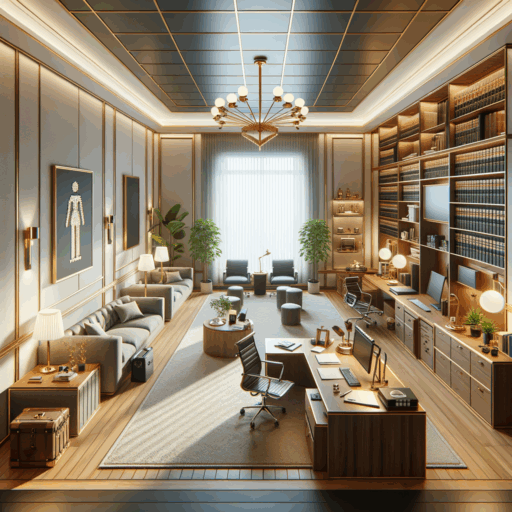 Generate a realistic, studio-quality, 8K resolution image of a lawyer's office interior layout design considering all the aspects of lawyer's office importance, spatial separation for privacy, efficient circulation and accessibility, atmosphere creation for trust, necessary construction elements like soundproof construction, lighting installation, floor finishing, document storage space creation, ventilation and air quality management, and the considerations for furniture arrangement, digital facilities and color and material. Make sure to maintain a balanced composition, well-planned framing, film-like depth, and natural lighting arrangement. Avoid pixelation, distortion, low-resolution, watermarks, text overlays, and overexposure. The image must not include babies, children or people in general, strange objects, and backgrounds. Do not add any non-English text including Hangul to the image.