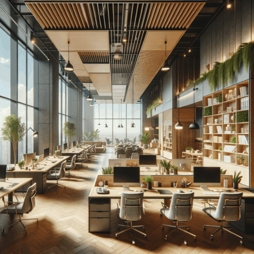 Create an intricate 8K resolution hyperrealistic image in the style of a professional studio quality rendering with a balanced composition, well-framed, and film-like depth. Depict an efficient office design incorporating the following elements: An open plan layout to encourage collaboration among employees, multi-functional furniture that combines storage and work spaces, professional spaces like meeting rooms and break rooms. Incorporate natural lighting along with a warm color scheme, plants for air purification and soothing ambiance, use of natural materials like wood and stone. Have an area with a pleasant view of nature through a window. Also include a comfortable break area with a variety of seating options, softer lighting, and natural elements for a cozy atmosphere. Technological aspects like smart technologies for environmental control, support for remote work, and meeting room technologies for virtual collaboration. Please ensure there is no pixelation, distortion, low quality, watermarks, text overlays, overexposure. Do not include babies, children, people of any kind. Avoid peculiar objects and backgrounds, texts in languages other than English.