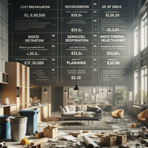 Create a photo-realistic, cinematic image with meticulous 8K resolution, studio quality, balanced composition, and well-orchestrated framing. The image should consist of a detailed visual narrative of efficient demolition and remodeling strategies for a 50 square meter apartment. Divide the image visually into sections showcasing distinct components of this narrative - cost breakdown table specifying partial and total demolition, waste disposal, additional costs; effective strategies including accurate price estimation, minimizing demolition scope, waste separation, project planning, and stringent safety management; considerations for interior remodeling, including use of space, light placement, finish selection, and furniture arrangement. Exclude any pixelation, distortion, low-resolution elements, watermarks, or excessive exposure. Absolutely no babies or children should be included in the image, or any bizarre objects or backgrounds. And no text overlays in languages other than English should be in the image.