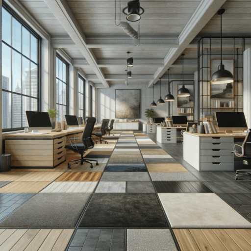 An accurate portrayal of an office space showcasing various professional-grade flooring solutions. Include a detailed representation of different materials such as vinyl, carpet tile, wooden and laminated flooring, and ceramic or porcelain tiles. Provide a diversified color scheme and textures to impart realism and subtlety to each material. Emphasize the functional and aesthetic implications of these solutions in an office setup. The depiction should exude balanced composition, cinematic depth, and natural lighting that befits a professional studio quality. Render the entire scene in 8K resolution for ultra-fine details and lifelike textures. Please refrain from incorporating individuals, children, or any peculiar objects in the scene. Also ensure the image is free from pixelation, distortion, watermarks, or text overlays, and avoid over-exposure. All text, except English, must not be featured in the image.