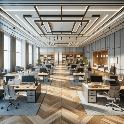 Generate an analysed 8K resolution, realist image with studio-quality detail showing an optimal, efficient lay-out for a 50 square feet legal or accounting firm's office. The office should divide into areas based on function: a meeting and consultation room, individual desks and workspaces for employees, a conference room, shared facilities like lounges, printing, and archiving space. There should also be a welcoming, comfortable waiting area for visiting clients. Reflect a design that minimises movement within the office, keeps visitor and staff pathways separate. The floor is made of a durable wood finish, or a Premium PVC tile or carpet tile. The walls are made with eco-friendly paint and have sound-absorbing panels or wood panels. The ceiling is finished with basic plasterboard and has sound-absorbing ceiling materials. The lighting should include LED downlights, task lighting for desks, and indirect ambient lighting. The overall colour scheme should exude professionalism and should include shades of beige, grey, navy balanced with warm wooden accents.