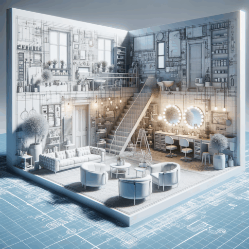 Imagine a hyper-realistic 8K resolution image of a detailed blueprint for the interior of a 50-square meter beauty-related space such as a plastic surgery clinic, beauty salon, or beauty shop. Capture the essence of all the descriptions of the cost of beautifying and improving the said area - from room plans, floor plans, lighting and electrical designs, materials for walls and floors, sanitary facilities, to custom-made furniture. Ensure a balanced composition and a well-framed scene with film-like depth, natural lighting and arrangement. The image should exclude any distortions, watermarks, over-exposures, and especially avoid including babies, children, and individuals in the scene. Weird objects and backgrounds, as well as any text in languages other than English, should not be part of the image.
