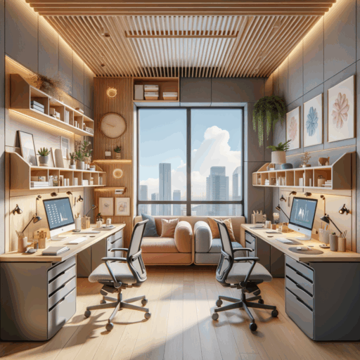 Illustrate an efficient and cozy workspace designed for two individuals. This space embraces open-concept layout encouraging discussions and ease of collaboration whilst securing personal space for heightened concentration. Adjustable desks, ergonomics chairs, and storage units contribute to functionality. The desks are in an L-shape layout, facilitating eye contact, with storage units close by for easy access. Part of the room is reserved for a conference table for brainstorming and meetings. Maximized natural light and adjustable artificial lighting systems amplify the office ambiance. The room features calming pastel shades with a pop of accent color on a section of the wall. Personal accessories and convenient arrangement of work tools make this space unique. Multifunctional furniture, such as combined sofa-chairs, and wall shelves for storage effectively utilize space. The 8K resolution image emphasizes clarity and realism with meticulous studio-grade quality, balanced composition, cinematic depth, and natural lighting.