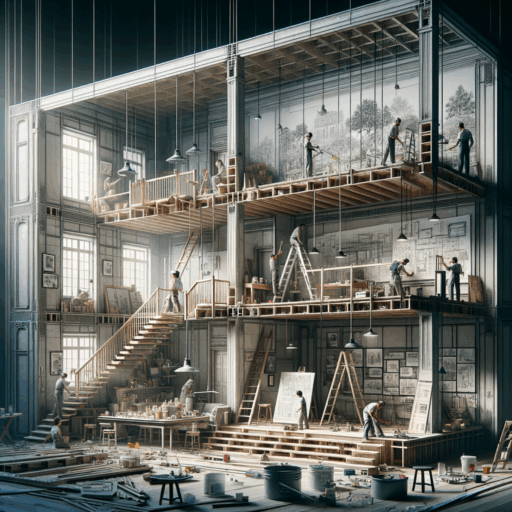 Create a detailed and realistic image in 8K resolution and studio-quality. The image represents the meticulous process of building interior remodeling, which includes assessment of the existing structure, implementing changes as per legal permissions and safety standards, interaction with relevant authorities, and routine quality checks. The composition of the image should have a balanced distribution, carefully framed like a scene from a movie while being naturally lit and placed, ensuring that no elements seem out of context. The image should not include any children, people, any unusual items or background, and no text overlays, overexposure, pixelization, distortion, or watermarks. Also, please exclude any language other than English.