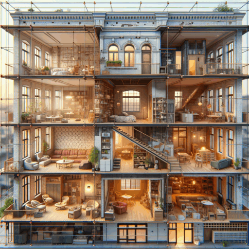 Visualize an old commercial-residential building of about 100 to 200 pyeong undergoing a professional remodeling process with increased safety diagnostics, reinforcement of structures, modernized electrical and heating systems, and an enhanced aesthetic appeal. The exterior should feature a contemporary and sophisticated appearance via paint, material replacements, and window substitutions. Inside, the arrangement of wallpaper, flooring material, lighting, and furniture is strategically redesigned to create a pleasant environment. The spaces might include a combination of rental and residential areas, rendered more efficient with wall displacements, open-plan layouts, and multipurpose rooms. The cost of remodeling varies significantly and depends on the scope of the work and chosen materials. Please ensure the depiction is detailed, realistic, high-resolution (8K), professional studio quality, with balance and depth like a film frame, natural lighting and object placement. No pixilation, distortions, low-res, watermarks, overexposure, babies, children, humans, unusual objects, or foreign language texts, other than English, should appear in the image.