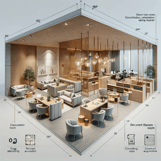 Imagine and illustrate a detailed 8K resolution image that presents the design guide and construction cost for a law firm's interior. The office's design should convey a sense of professionalism, reliability and organization that are inherent to the nature of law practices. Consider different functional spaces such as consultation rooms, meeting rooms, a document storage room, and a waiting area. These spaces should be laid out efficiently, with privacy and noise isolation for consultation and meeting rooms, easy access to the document storage room and comfortable arrangements for the entrance and waiting area. Opt for a modern, clean design with neutral, calming tones, and make use of high-quality finishings and lighting fixtures to create a comfortable but authoritative atmosphere. Show the cost structure of the construction including design planning, material acquisition, construction work, and additional expenses. Please refrain from including babies, children, and people. The image must be devoid of peculiar objects and backgrounds, pixelation, distortion, low resolution, watermarks, text overlays, and overexposure. Exclude any text in languages other than English.