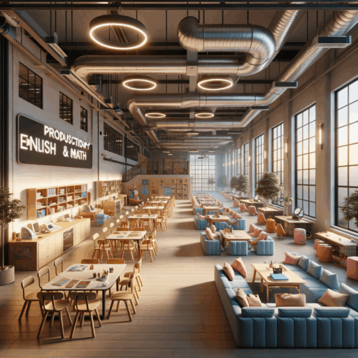 Generate a highly detailed 8K resolution, realism-focused image representing an interior design of a factory duplex office and a 50-square-meter English and math tutoring center based on professional studio quality composition. The factory duplex office should be designed for efficient segregation of production and office areas, utilising durable, functional, and aesthetic design concepts. Key features include durably and safety, space efficiency, simple and contemporary integrated design, ample lighting, appropriate ventilation system and noise insulation. The tutoring center should foster a conducive learning environment with efficient classroom layout according to student numbers and teaching style, durable wall and floor finish, effective lighting that reduces eye fatigue, functional furniture and storage units, digital learning tools like smart boards and projectors, and a relaxing break area. Remember to exclude babies, children or any other human figures, strange objects, and any non-English languages. Avoid pixelation, distortion, low resolution, watermarks, and text overlays.