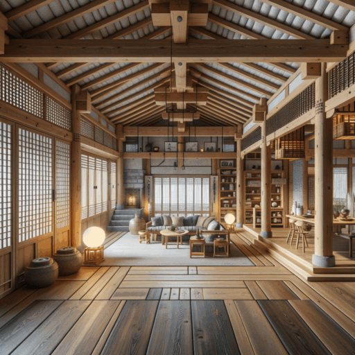 Create a high-resolution, photorealistic 8K image showing the interior of a 40 pyeong sized Korean Hanok style house inspired by a fusion of traditional beauty and modern convenience. The interior should incorporate features of Hanok's architecture, reinterpreted with modern sensibilities. This includes utilising natural materials such as exposed wooden beams and columns, walls made of natural fibers, and grid-patterned windows and sliding doors. The floors should combine the traditional ondol system with wooden materials to exude a warm feeling, and the roof tiles should be designed to enhance the connection between the indoor and outdoor spaces. For lighting, traditional lanterns and paper lights for a soft ambiance. The color palette should be natural-toned. Avoid any inclusion of distorted, pixelated, watermarked, overly exposed elements, and refrain from including any human figures or strange objects. Any text present in the image should strictly be in English.