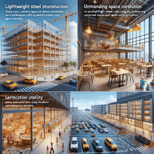 Generate an image in 8K resolution, showing three different but interconnected scenes - a construction site with lightweight steel framing, an unmanned children's cafe, and a parking lot under construction. The construction site should demonstrate the use of lightweight steel structures in interior construction, enhancing space utility and accelerating construction speed. Commercial spaces or small buildings mainly utilize this interior method, comprising lightweight steel for interior walls and ceiling structures, facilitating efficient space division and design freedom. The unmanned children's cafe must emphasize safety, comfort, and operational efficiency - featuring modular space organization, safe material selection, efficient circulation design and the introduction of smart systems like automated door access and payment systems. The parking lot under construction should focus on functionality, safety and maximizing space utility. It might include structural reinforcements, lighting installations, floor finishes and anti-skid treatments. It should also feature signage and systems for safety and traffic control. The scenes should not include any babies, children, or adults, and no strange objects or backgrounds. The image should not contain pixelation, distortion, low-resolution elements, watermarks, text overlays, overexposure, and any non-English or Korean language text.
