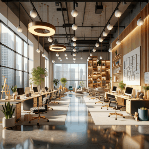An image that encompasses the essence of the following themes in a detailed 8K resolution, realistic, and professional studio quality: 1. Importance of Office Interior design, focusing on employee productivity and creativity 2. Effective space utilization, proper lighting conditions, vibrant colors for enhanced mood and productivity, furniture arrangement promoting teamwork while respecting individual privacy, and decorations to create a pleasant environment 3. Different styles of office interiors like Minimalism, Industrial style, warm wooden style, and modern style. 4. Efficient office interior suggestions such as partitioning of space, flexible furniture arrangement, lively space with plants and artworks, integration of technology for better communication. The image should avoid pixelation, distortion, low resolution, and watermarks. It should also not include any text overlays, heavy exposure, babies, children, humans, peculiar objects, and backgrounds. Any non-English or Korean text should also be avoided.