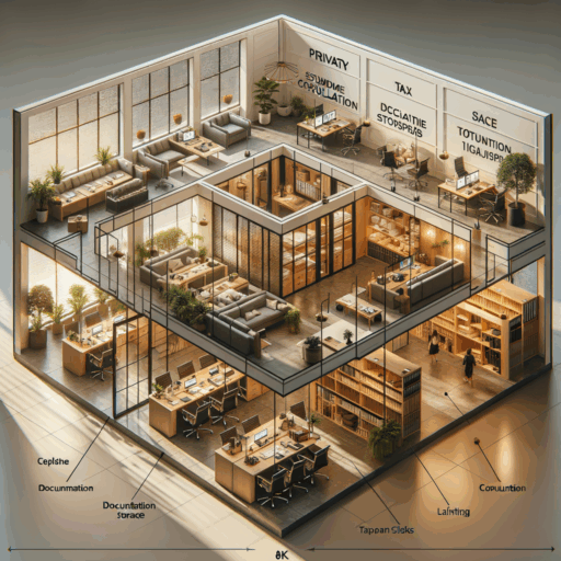 Create a highly detailed 8K image demonstrating a tax firm's interior layout concept. The visualization should embody qualities of realism, professionalism, studio-quality finish, balanced composition, and cinematic depth. The image must depict an efficient workspace layout, with clear demarcations for areas specific for tax consultation, space for accounting tasks, a documentation storage area, and a comfortable waiting area for clients. The design principles should advocate for privacy, optimum lighting, ventilation, and well-planned circulation routes ensuring employees and clients do not intersect. The interior design details should suggest soundproof private consultation rooms, systematically organized and secure document storage rooms, adequately spaced workstations, and pleasant shared spaces like restrooms and lounges. The image shall avoid any pixelation, distortion, low-resolution elements, watermarks, or text overlays. Do not include any children, babies, or people in the image, nor any bizarre objects or backgrounds. No text in languages other than English should be present in the image.