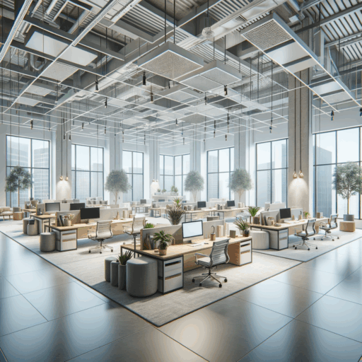 Create a detailed 8K resolution image of a 90-square metres office interior, focusing on open space and natural light. The setup should include optimally placed furniture, natural light from large windows, transparent partitions, and a minimalist design. The office should feature a central open space with flexible multi-function zones, including workspaces, meeting rooms, and leisure areas. Lighting should be a mix of natural light and soft artificial light from LED fixtures. Include some large potted air-purifying plants to bring a sense of nature into the office. Manage noise with sound-absorbing panels, carpets, and ceiling materials. The color scheme should be light and neutral, with light grey, white, and beige walls and furniture. The image should have a professional studio quality, balanced composition, well-framed, cinematic depth, and natural positioning of elements. Do not include pixelated, distorted, low-res, watermarked, text overlay, or overexposed elements. Do not include babies, children, people, or peculiar objects and backgrounds. Avoid including text other than in English.