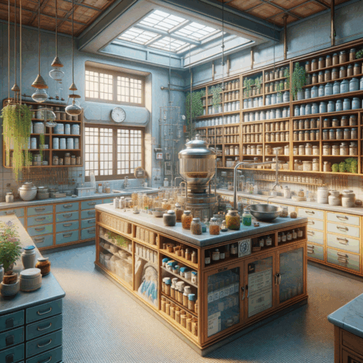 Imagine a meticulously detailed and realistic image of the interior of a traditional Korean medicine hospital's herbal decoction room - a place for preparing and manufacturing herbal medicine. It's crucially managed for hygiene and safety, with key attributes such as sanitary-centric design, operation efficiency, durability, and safety, as well as compliance with health regulations. Consider the main features: the use of clean, easy-to-maintain materials for contamination prevention, a well-differentiated workspace for prescription, cleaning, and storage to maintain efficient workflow, durable infrastructure to withstand high heat and humid conditions, and compliance with health regulations. Also, remember to depict hints of HACCP certification requirements. Ensure an 8K resolution, with studio-quality realism, a balanced composition, and cinematic depth. Avoid any pixelation, distortion, low-res elements, watermarks, text overlays, and overexposure. Exclude any babies, children, humans, or strange objects and backgrounds. Don't include any text besides English.