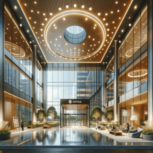 Please create a highly detailed, 8K resolution, realistic image that reflects the professional studio quality, balanced composition, well-framed, cinematic depth, and naturally lit and arranged environment. Illustrate an office building entrance consisting of several elements. Feature different exterior finish materials like metal, glass, wood, and concrete showcasing the center's image. Include lighting that emphasizes safety and aesthetics, and energy efficiency. Incorporate branding elements like logos, signage, and color to express the identity of the resident companies. Security enhancing features such as a electronic entrance control system, accessibility for the disabled, emergency exit planning, CCTV installation, and security systems should be visible. Efficiently placed waiting areas, information desks, and lounging spaces for visitor convenience should be included. Please, avoid pixelation, distortion, low resolution, watermarks, text overlays, or over-exposure. Do not include any babies, children, or people in the image. Also, avoid including bizarre objects and backgrounds. Please, do not include any texts in Korean or other languages except English.