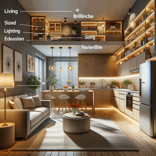Imagine an expertly designed apartment space in high 8K resolution, showcasing its living room and kitchen area. The living room should be the center of attention with well-spaced furniture such as a sofa, TV stand which are sized appropriately for the space, ensuring there is enough room for movement. The brilliance of lighting strategically enhancing the mood and atmosphere of the room should be evident. Meanwhile, the kitchen implements the 'work triangle' theory, with the sink, stove, and refrigerator ideally positioned for maximum efficiency. Favorable use of storage space should be visible, with utensils placed at easy-reach positions and custom storage solutions utilizing every nook and cranny. No babies, children, or people should be included in the image. Be sure to depict natural lighting and maintain a balance between all elements.