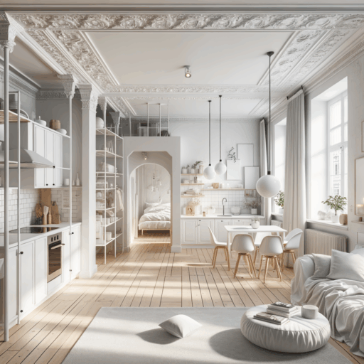 Create a detailed 8k resolution, realistic, professional studio quality image of an old apartment being remodeled with a design layout predominated by white tones. The layout caters to a roughly 65 square meter space and it evokes a sense of cleanliness, brightness, and clever utilization of limited space. The concept should include an open-plan kitchen integrated with the living room, enhancing a sense of spaciousness. The walls are painted in white, with bright light wood flooring creating a warm atmosphere. The bedroom features white wallpapers and light fabric beddings, providing a comfortable environment, while the bathroom emphasizes cleanliness with white tiles and chrome finishes. There's no pixelation, distortion, low-resolution elements, watermarks, text overlay, and overexposure. There are no babies, children, or any humans in the image and please avoid bizarre objects or backgrounds. Do not include any text in languages other than English in the image.