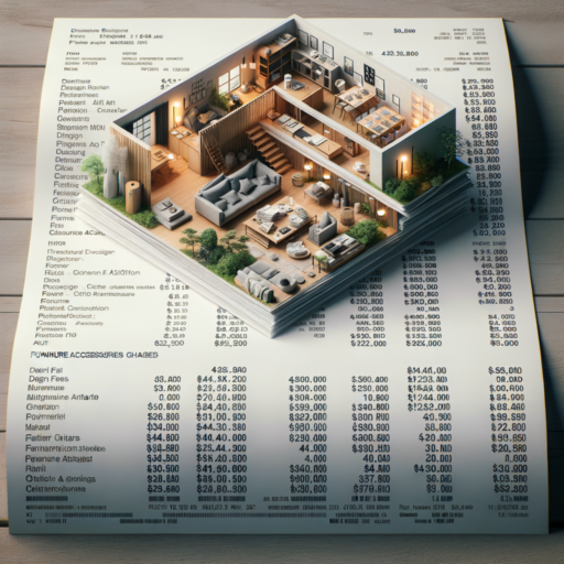 Create a detailed, 4K resolution, photorealistic image that exhibits the interior design costs for a 40 square meter apartment in Incheon. The picture should display various cost elements such as design fees, material costs, construction charges, and furniture and accessories costs. These separate elements can be depicted as receipts or invoices neatly arranged on a table. Exclude all people, strange objects, and background from the image. Make sure all the text is in English, no watermarks, text overlays, or excessive exposure. The image should be in the style of a professional studio with balanced composition, well-arranged frames, cinematic depth, and natural lighting.