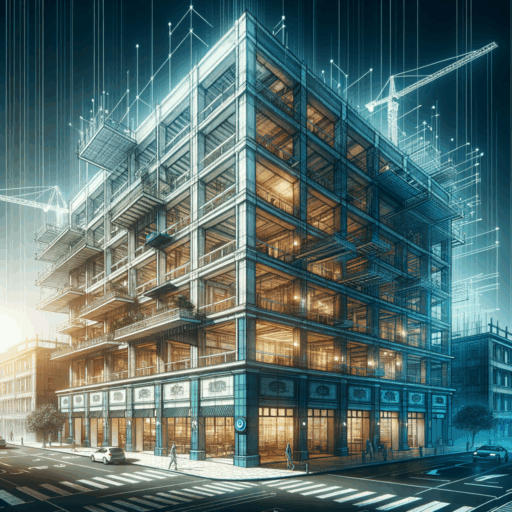 Create a dynamic and detailed image of a vertical extension remodeling guide with depth and realism in 8K resolution. Show a commercial building with an additional floor being constructed on top, signifying vertical expansion. Capture various stages of remodeling such as structural reinforcement, interior improvement, providing a sense of consecutive action. Cast natural, realistic light to accent scene details, providing a movie-like depth. Also include a legible graphical representation of the key points and considerations involved in vertical expansion and remodeling. Do not include any people or strange objects in the frame. Avoid pixelation, distortion, low resolution, watermarks, text overlays, overexposure, and texts in languages other than English.