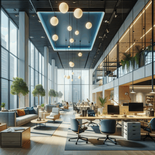 Create a highly detailed 8K resolution picture showcasing the important elements of an office interior design. It should have professional studio quality and should be a balanced composition with well-placed frames giving a cinematic depth. The elements should include a quiet work space, a meeting room, and a relaxation zone. The color palette should incorporate blue for focus, green for relaxation, and orange for creativity. Furniture should be strategically placed, and there should be a blend of natural and artificial lighting for a bright, healthy environment. Spaces for collaboration and individual work should be evident and the company culture should be reflected through branding and artworks. Sustainability should be a hallmark with the use of recycled materials and energy-efficient systems. Avoid including children, people, bizarre artifacts, and non-English text in the image. Ensure realism, no pixelation, distortion, low-resolution, watermarks, or text overlays.