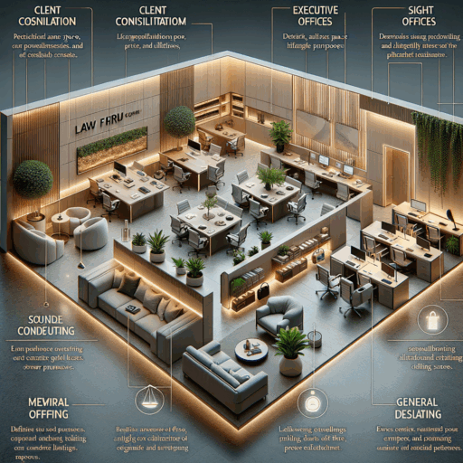 Design and layout features of an efficient law firm office interior. The visual should include a mixture of spaces distinctively partitioned for several purposes such as client consultation rooms, executive offices, meeting rooms, general office space, and relaxation zones. Emphasis should be put on defining each space for privacy and security purposes. The client consultation room should show soundproofing design and sight blocking features, an optimally comfortable arrangement of furniture and adaptable lighting. The reception and lobby should reflect elegance and trustworthiness, with comfortable seating and neutral lighting. Meeting rooms should be designed to accommodate different purposes, showcase state-of-the-art equipment and correct sound design. The general workspace should boost concentration and collaboration, maximise the use of natural light and provide a conducive indoor environment. Lastly, highlight the relaxation area as a stress-reliever, inclusive of simple refreshments and comfortable sofas. No pixelation, distortion, low-resolution images, watermarks, text overlays and overexposure. No inclusion of babies, children, people or unusual objects and backgrounds. No non-English texts.