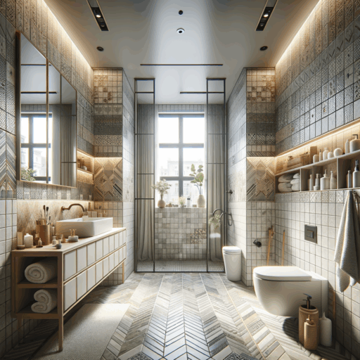 Visualize a meticulously designed bathroom in a 30 square meter apartment, with attention to detail in the 8K resolution, realism, professional studio quality, balanced composition, well-structured framings, cinematic depth, and natural lighting and placement. Consider various types of tiles, such as ceramic, porcelain, natural stone, and mosaic, each presented for their unique features, advantages, and uses. Incorporate elements of a remodeling process, like inspecting for moisture and waterproofing, tile installation, equipment placement, and cleaning. No people, peculiar objects, non-English text, pixelation, distortion, low-resolution details, watermarks, and excessive exposure should be in the image.