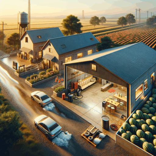 Generate a highly detailed 8K resolution, photorealistic image in the quality of a professional studio that comprehensively captures the described scenarios. First, show a realistic car wash facility undergoing interior renovations with important permits and considerations such as construction and environmental permits, fire safety checks and traffic permits clearly displayed. In the second scenario, depict a rural house undergoing renovations to be converted into a stay pension and a watermelon farming business. Illustrate nature-friendly design, enhanced convenience facilities and energy-efficient considerations for the guest house. Show working space for watermelon farming with durable flooring, sufficient ventilation, and a clear work line. Make sure the scenarios have balanced composition, well-framed, cinematic depth, and natural lighting and placement. Do not include any kind of pixelation, distortion, low resolution, watermarks, or text overlays. Ensure there are no babies, children, people, or peculiar objects and backgrounds. Exclude any text in languages other than English. The images should exhibit professionalism, realism, and avoid overexposure.