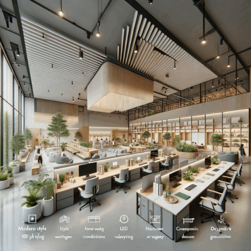 Design suggestions for a contemporary office interior of 100 pyeong (approximately 330 square meters). It incorporates concepts like modern style with clean and sharp lines, neutral color combinations, and a sophisticated feel. A nature-friendly style emphasized by elements like wood and plants, fostering a pleasant and stable environment. The floor plan includes a flexible workspace for various working styles, a meeting room, a relaxation area, a reception area, and storage space, all organized in a logical layout. Furniture suggestions include adjustable desks, ergonomic chairs, and collaboration tables. The lighting and color scheme make full use of natural light and LED fixtures, while harmonizing calm colors with vibrant accent colors. It also incorporates natural elements to reduce employee stress and improve productivity. The design concludes with a maintenance strategy for keeping the space clean and furniture in good condition. The resulting 8K resolution image should depict a realistic and studio-quality space with balanced composition, well-arranged frames, cinematographic depth, and natural lighting and arrangement. No pixelation, distortion, low-resolution aspects, watermarks, text overlays, overexposure should be present. Do not include infants, children, or people. Bizarre objects and backgrounds should not be included. No Korean or any other non-English text should be present.