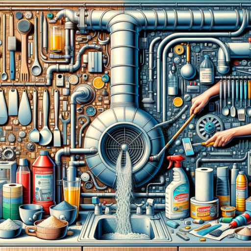 Generate a detailed 8K resolution image showcasing two main themes: the cleaning of a kitchen exhaust system and a guide for choosing kitchenware colors. In the first scene, visualize a kitchen exhaust system being regularly cleaned, displaying tools and eco-friendly detergents like vinegar and baking soda. Show the dismantled parts getting scrubbed gently and rinsed with clean water. In the second scene, depict a refreshing guide about the psychology of colors. This guide should have examples of kitchen tools in various colors such as white, blue, red, and green. Next, illustrate tips about color harmony considering the furniture, walls, and floor colors. Aim for a film-like depth, balanced composition, well-paced frames, and natural lighting. Do not include pixelation, distortion, low resolution, watermarks, text overlays and overexposure. Exclude babies, kids, people and peculiar objects or backgrounds. Do not include any non-English text in the image.