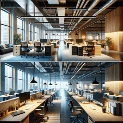 Generate a detailed 8K resolution, realistic and professional studio quality image depicting two office interior designs for spaces of approximately 99 and 330 square meters respectively. The first space should be a compact, efficiently designed start-up office with a few desks, chairs, storage cabinets, and good lighting. The second space should be a larger, meticulously planned office with various zones such as a workspace, meeting rooms, and a rest area. Both interiors should abide by principles of efficient space utilization, effective lighting planning, and a harmonious blend of colors and materials that reflect the character of work performed there. Remove any signs of pixelation, distortion, low resolution, watermarks, text overlays, or excessive exposure. No people, children, or unusual items should be included in the images.