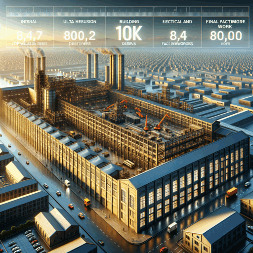 Create a detailed, ultra high-definition 8K resolution image that encapsulates the concept of remodeling a 100㎡ factory. Realistically depict the main stages and costs involved, from initial planning and design, building and civil works, electrical and facility work, to final interior finishes. Maintain a harmonious composition with well-structured framing and make use of movie-like depth and natural lighting. The image should have professional studio quality without any pixelation, distortions, low-resolution segments, watermarks, or excessive exposure. Exclude any presence of infants, children, or people in general. Also, refrain from including unusual objects or backgrounds, or any text in any language other than English.