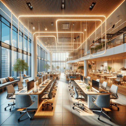 Introduce a precisely detailed 8K resolution image that artfully and realistically portrays the significance and trends of office interior design. This should feature an efficient layout which includes an open plan office that promotes collaboration, quiet spaces for focus such as individual cubicles or meeting rooms, and plenty of natural lighting from large windows. Current trends should be visible like the use of sustainable materials, diverse color schemes, and wellbeing spaces for employee stress relief. Show successful applications of the design, such as collaborative spaces with large tables and comfortable chairs, elements of nature like plants and natural colors, and flexible workspaces with various types of furniture. Avoid any distortion, pixelation, low-resolution elements, watermarks, or text overlays. Exclude any babies, children, and people in general. Also avoid any peculiar objects or backgrounds and refrain from incorporating non-English text, including Korean.