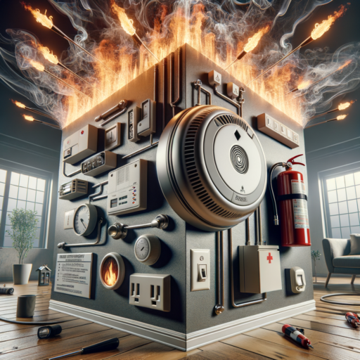 Create an ultra-detailed 8K resolution, realistic, factual, balanced, well-framed, professional studio-quality image with cinematic depth, natural lighting, and setup. Focus on the importance of fire safety during remodeling. Show an installation of various fire safety devices such as smoke detectors, heat detectors, fire extinguishers, emergency exit signs, and fire alarm system. Ensure their proper placement, periodic inspections, accessibility and important characteristics. Display a clear marking of emergency escape routes and fire warning systems. Avoid pixelation, distortion, low-resolution, watermarks, text overlays, overexposure. Do not include babies, children, humans, bizarre objects, and backgrounds. The image should not contain text in languages other than English.