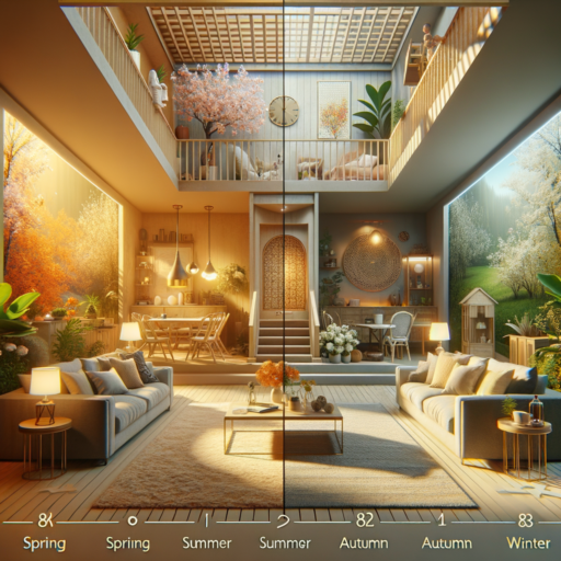 Create an image with realistic professionalism, 8k resolution, and movie-like depth. The image should show four sections each displaying advantages and disadvantages of home interior design according to the distinct characteristics of the four seasons - Spring, Summer, Autumn, and Winter. Make sure the depiction emphasizes balance, and well-structured framing. Each section should bring out the ambiance of the season - Spring with blooming plants, Summer with warm and vibrant hues, Autumn with mellow and cool tones, and Winter showing indoor settings appropriate for colder weather. The image should have natural lightings and placements without any pixelation, distortion, low-resolution, watermark, text overlay or overexposure elements. The image should not include babies, children, humans, or any peculiar objects and backdrops. Texts in languages other than English should not be included.